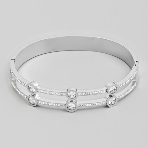 STAINLESS STEEL SILVER DOUBLE RHINESTONE BRACELET - Picture 1 of 1